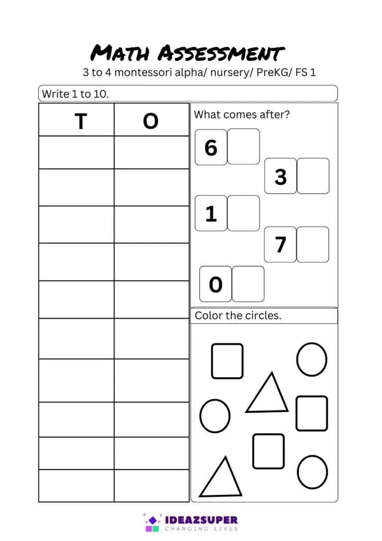 Math Worksheets For All Ages - Printable math assessment worksheet for 3 to 4 year kids featuring counting and shape recognit