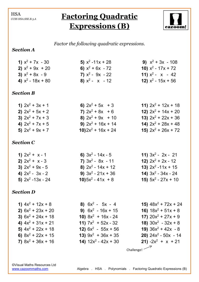 Math Worksheets For All Grades - High school math worksheets featuring quadratic expressions for practice and learning