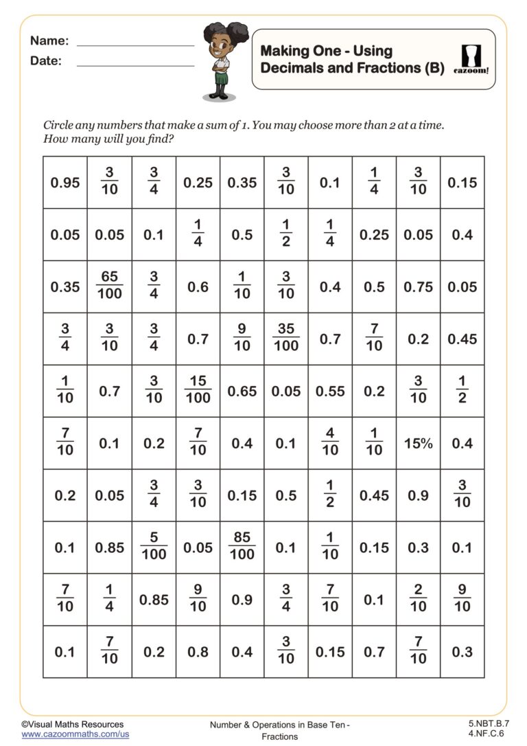 Math Worksheets For Fifth Graders - making one using decimals and fractions b worksheet