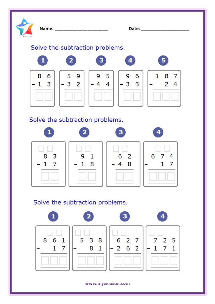Colorful math worksheets for grade 3 focusing on subtraction problems