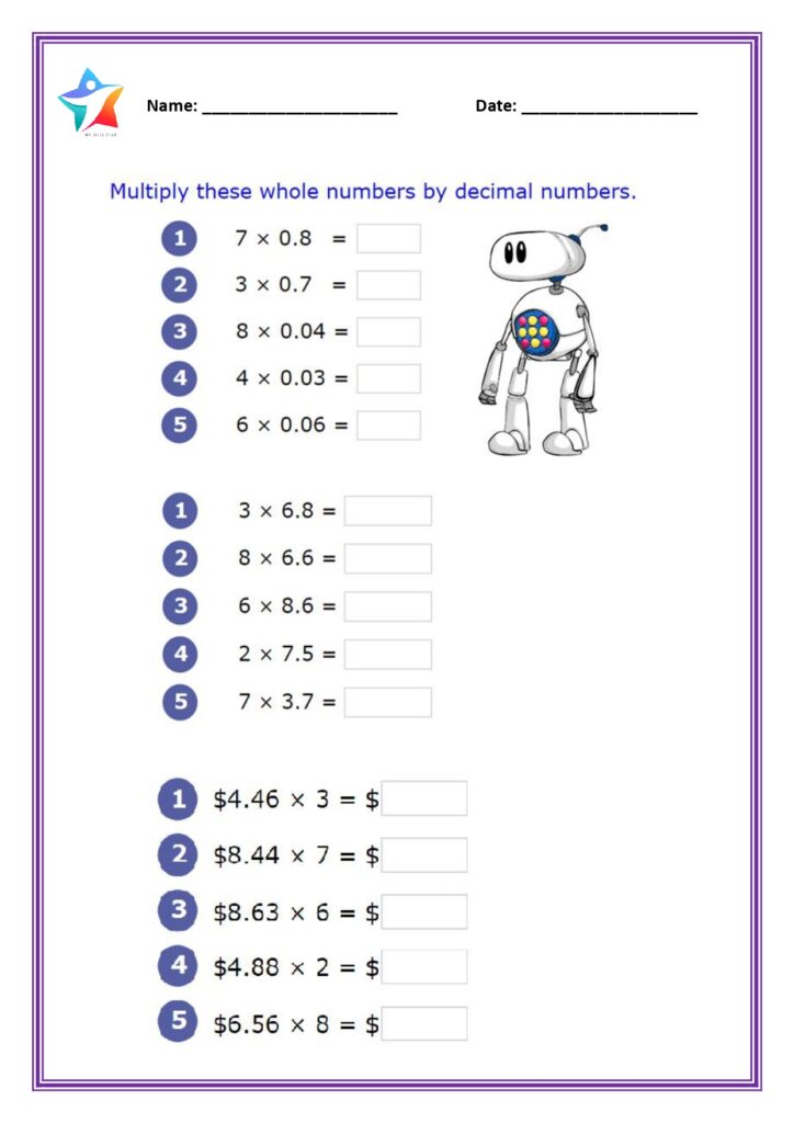 Grade 4 Maths Worksheet – Multiplication with Decimals Printable Grade 4 maths worksheet featuring multiplication exercises with decimal numbers