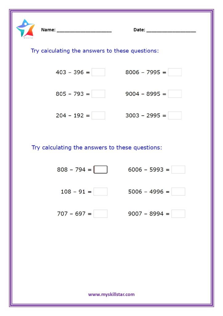 Grade 4 Maths Worksheet – Calculation Practice Printable Grade 4 maths worksheet with calculation exercises for students to practice subtraction