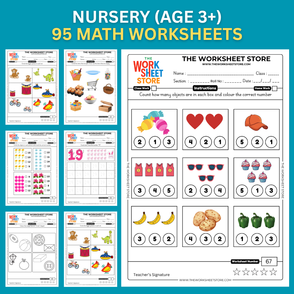 Math Worksheets for Nursery (Age 3+) | 95 Pages – The Worksheet Store Math Worksheets for Nursery (Age 3+) | 95 Pages – The Worksheet Store