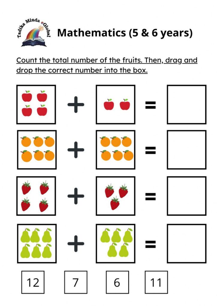 Math Worksheets For School Age - Mathematics 5 & 6 Years Old: Fruits 1 worksheet - Worksheets Library