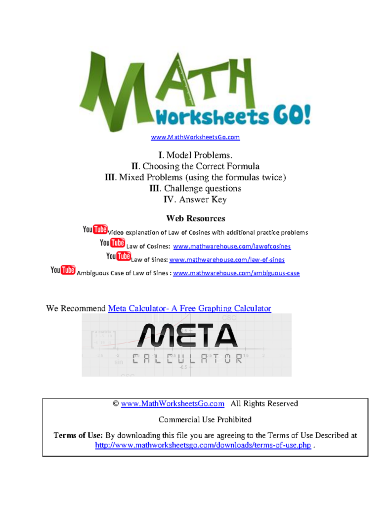 Math Worksheets Go Model Problems – Sines and Cosines worksheet – MathWorksheetsGo I. Model Problems. II … Math Worksheets Go Model Problems - Sines and Cosines worksheet - MathWorksheetsGo I. Model Problems. II ...