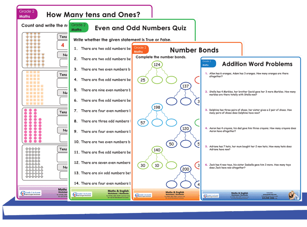 Collection of Grade 2 math worksheets covering addition, number bonds, and word problems