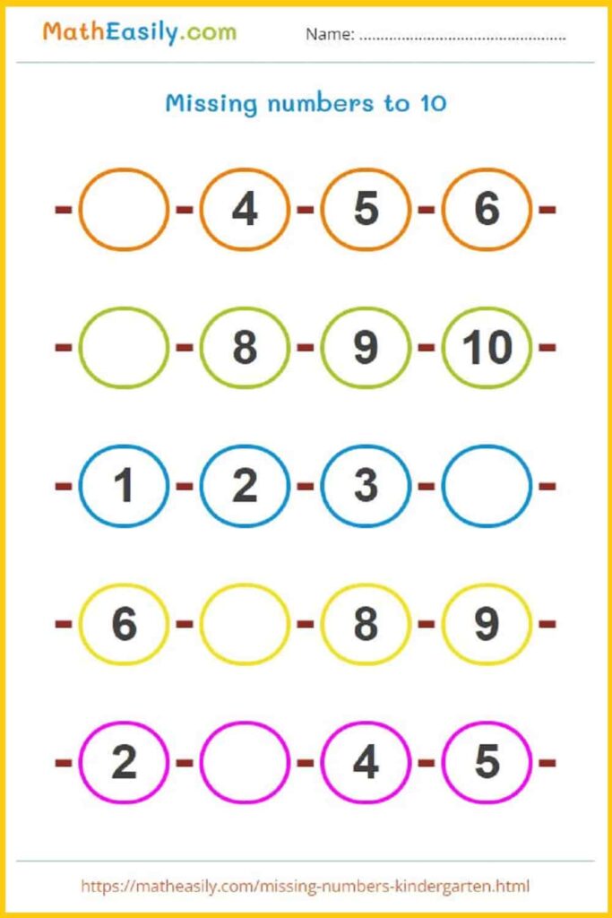 Colorful worksheet for kindergarteners to fill in missing numbers up to 10
