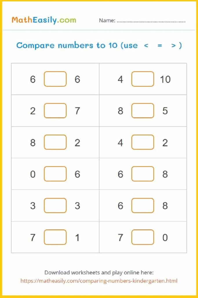 Worksheet for kindergarteners to compare numbers up to 10 using symbols