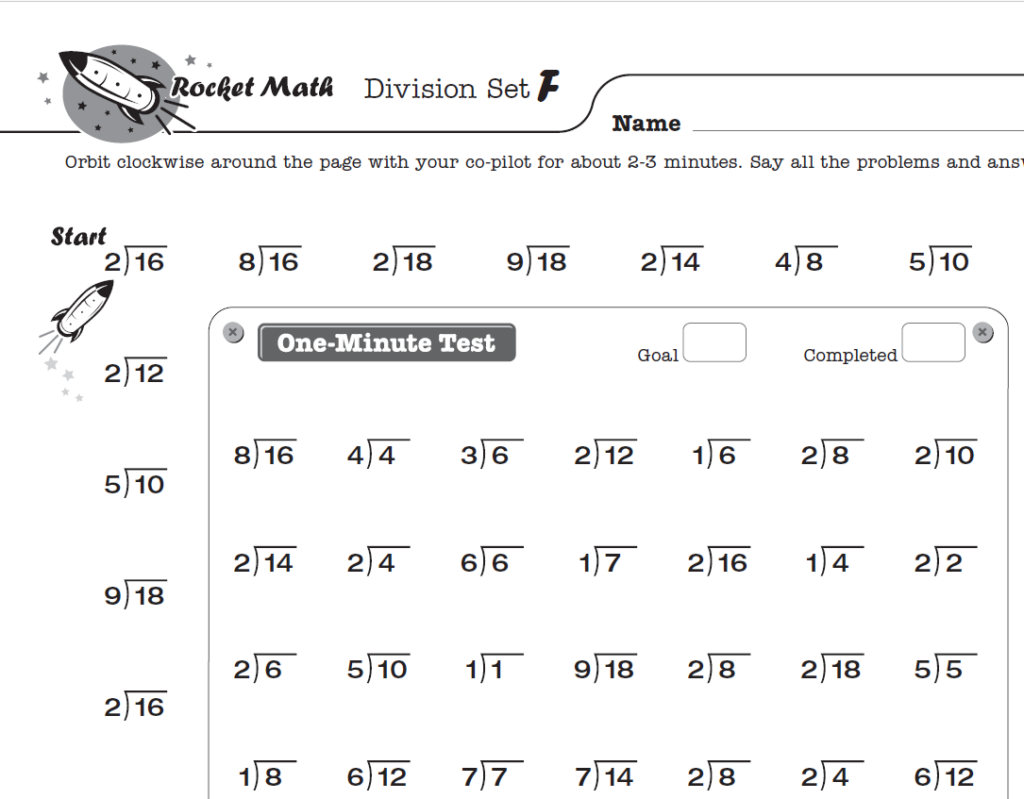 Printable Rocket Math Division Set F worksheet for 2nd graders to practice division