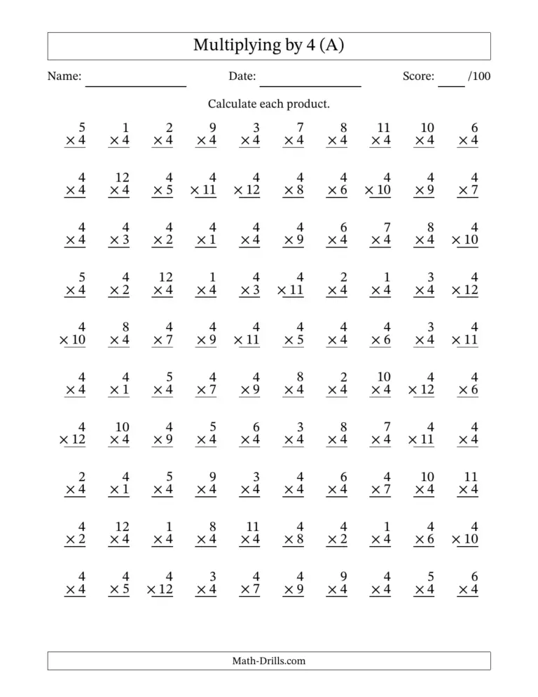 Math Worksheets With Answer Key - Printable math worksheet for multiplying by 4 with answer key included