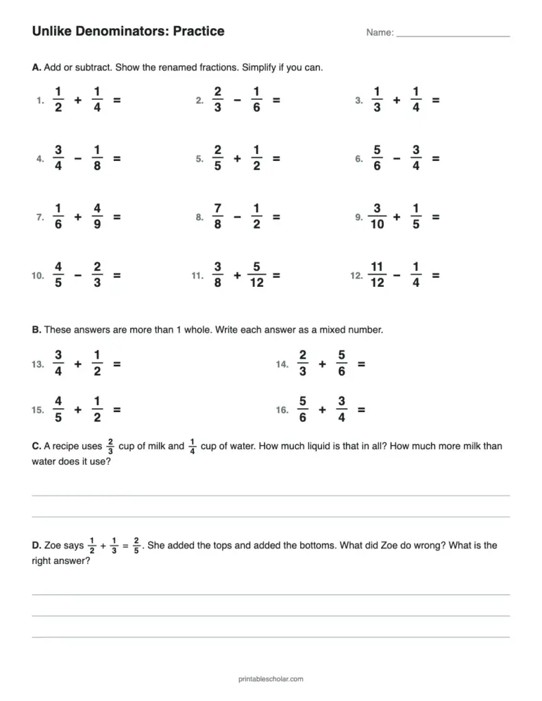 Math Worksheets With Different Problems – Adding and Subtracting Fractions with Unlike Denominators (Free PDF … Math Worksheets With Different Problems - Adding and Subtracting Fractions with Unlike Denominators (Free PDF ...
