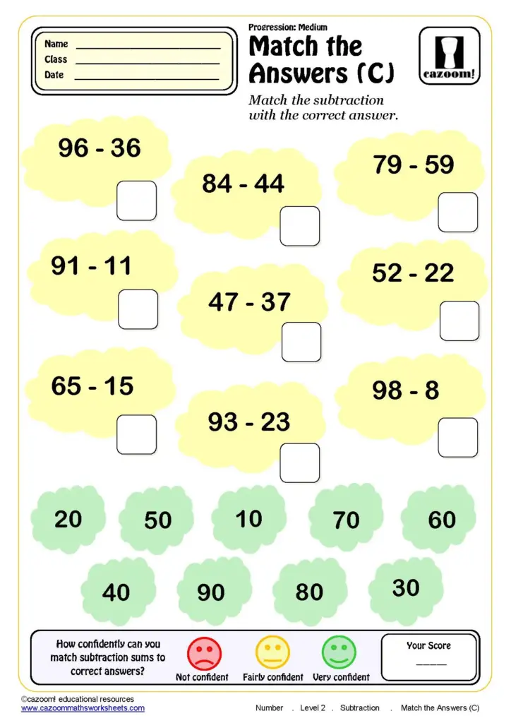 Maths Activity Sheets Year 2 – Match the Answers Engaging Maths Activity Sheets Year 2 featuring a subtraction matching game