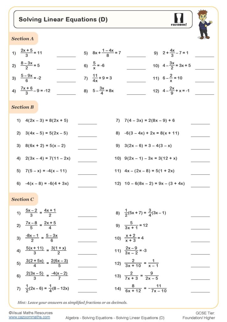 Printable Maths For 10 Year Olds Worksheets on solving linear equations