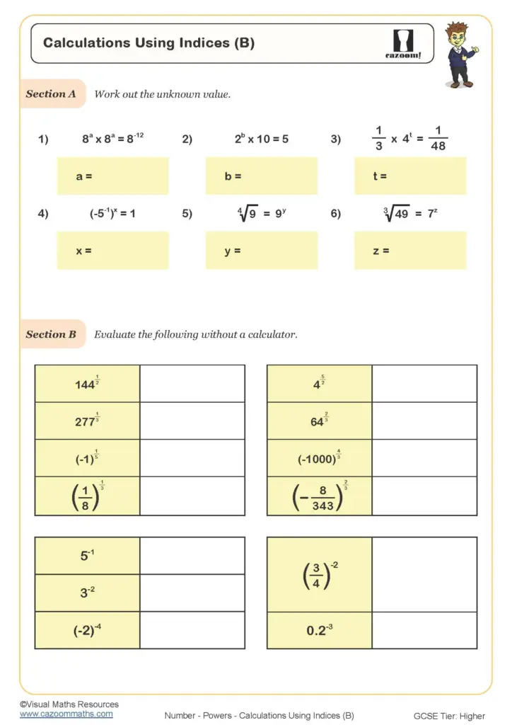 Printable Maths For 10 Year Olds Worksheets featuring calculations using indices