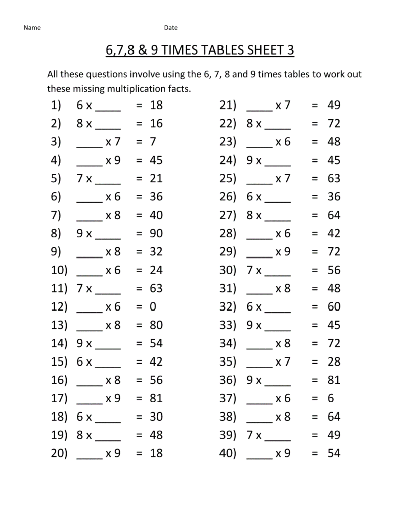 Multiplication Times Tables Worksheet for Kids Worksheet for practicing multiplication tables for 6, 7, 8, and 9