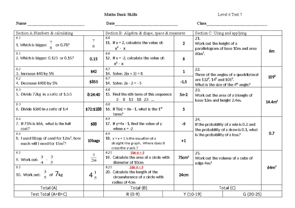 Maths Level 6 Test 12: Practice Exercises & Answers - Studocu
