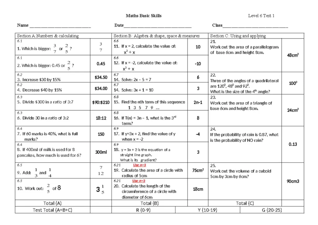 Maths Level 6 Test 5: Basic Skills Practice Exercises - Studocu