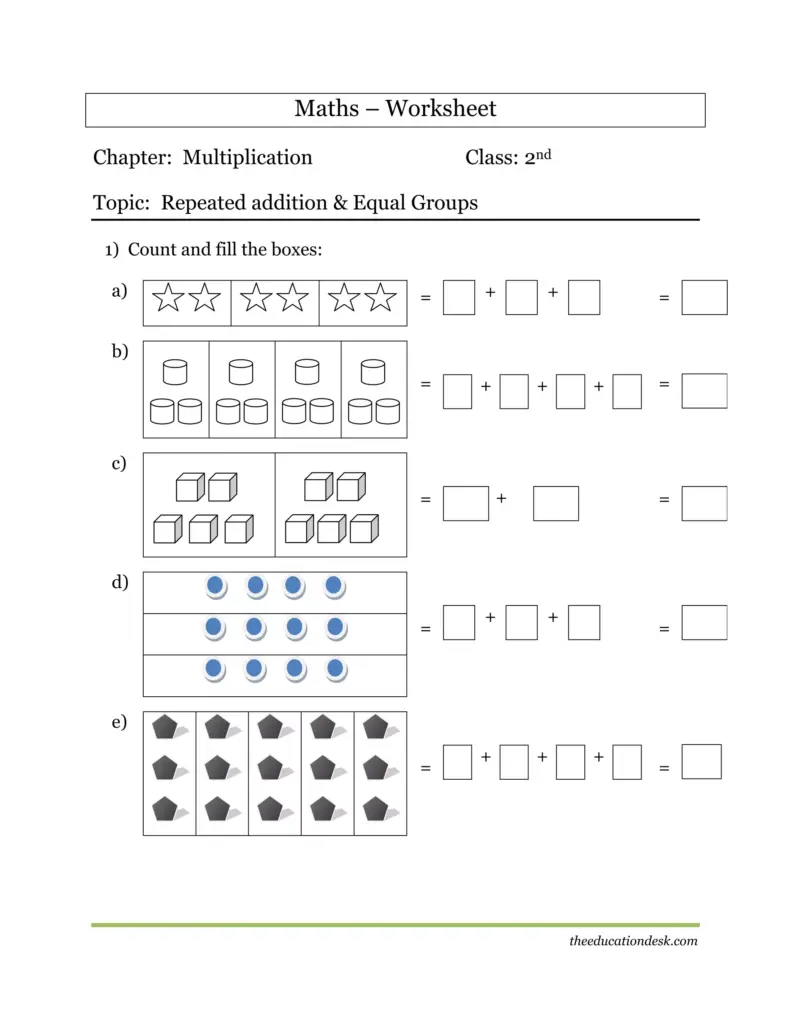 Printable maths multiplication worksheet for CBSE Grade II focusing on repeated addition
