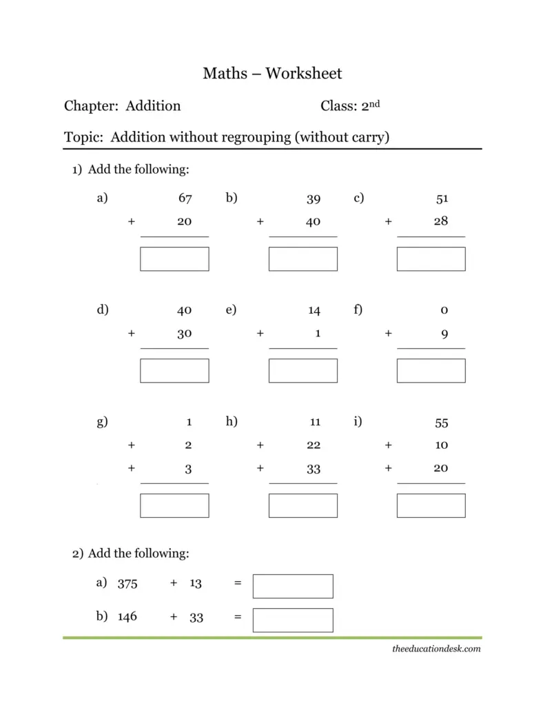 Printable Maths worksheet for 2nd standard focusing on addition without regrouping