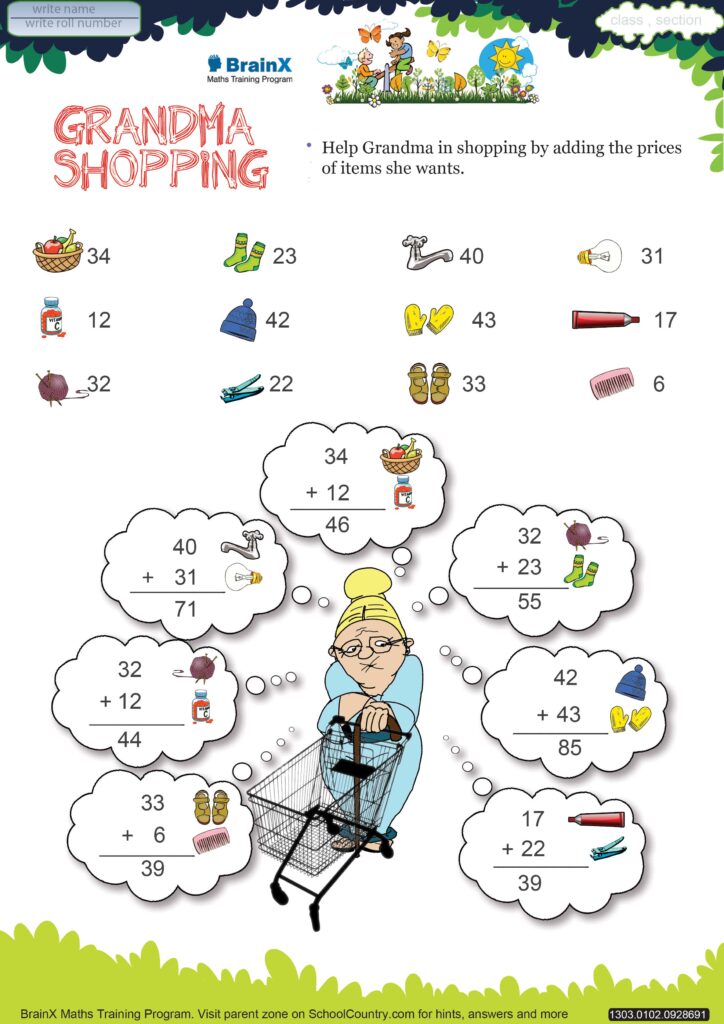 Maths worksheet for Class 2 showing Grandma shopping and adding prices of items