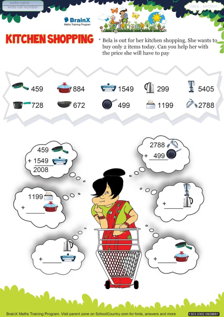 Maths worksheet for Class 2 featuring a kitchen shopping scenario with price calculations