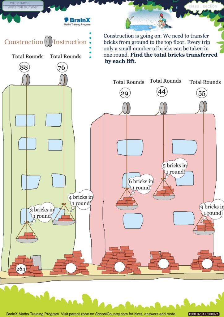 Engaging Maths Olympiad Worksheets For Class 2 featuring a construction problem with brick transfers