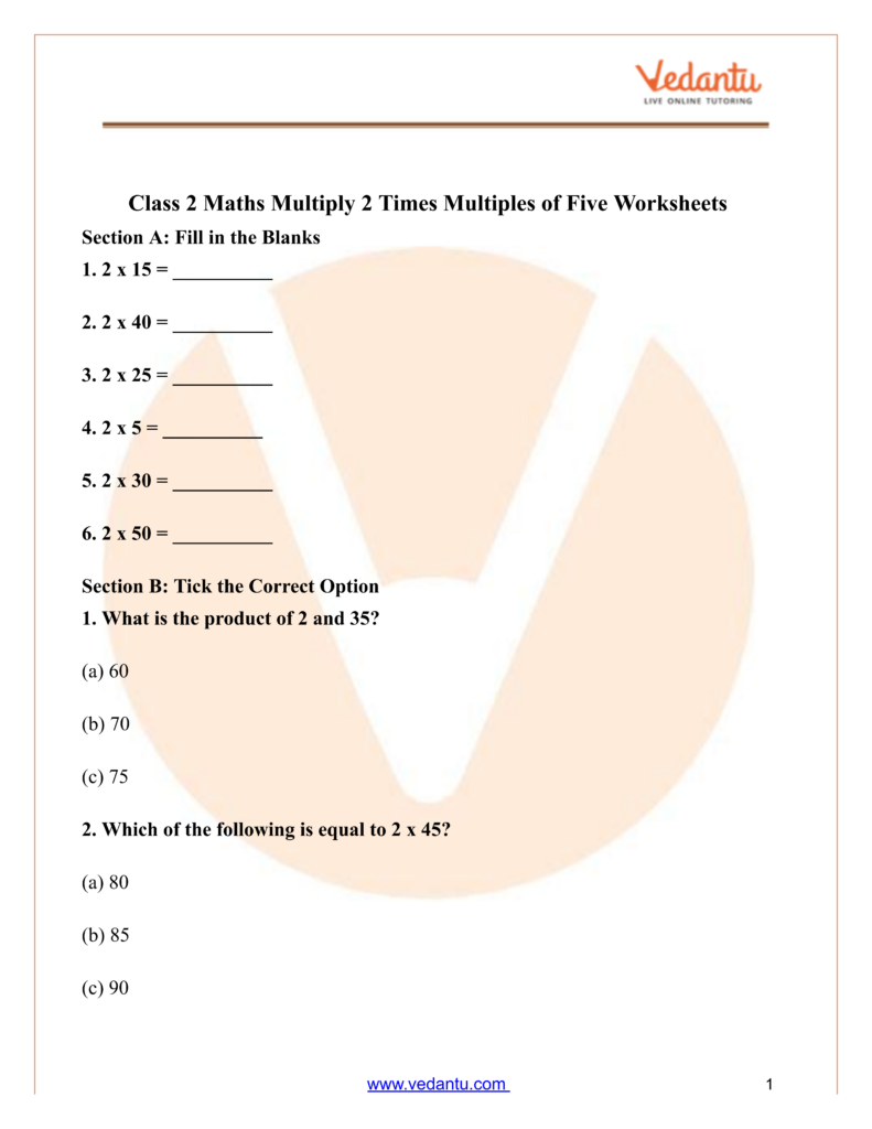 Maths Practice Sheets For Class 2 featuring multiplication exercises and fill-in-the-blank questions