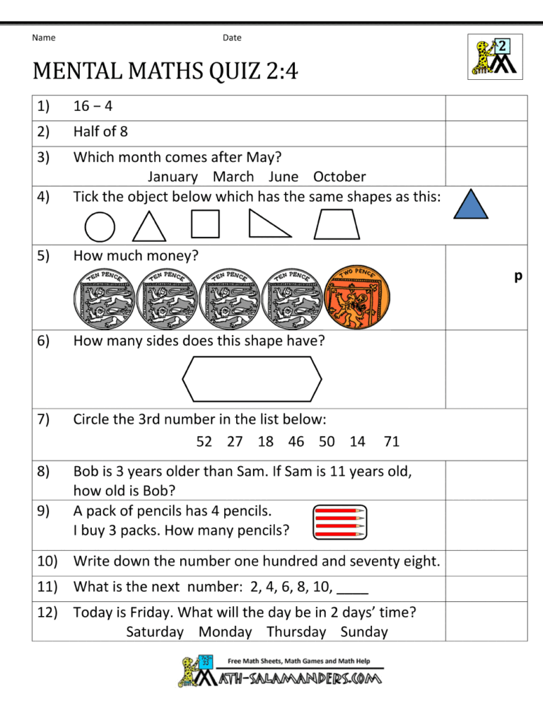 Maths Sheets For 12 Year Olds - Printable mental maths quiz for 12 year olds with various math problems and shapes