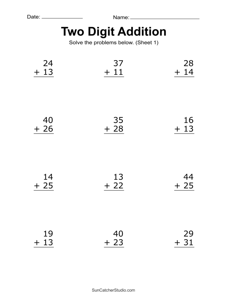 Maths Sheets For Year 2 To Print - Free printable two digit addition worksheets for Year 2 students to practice math skills
