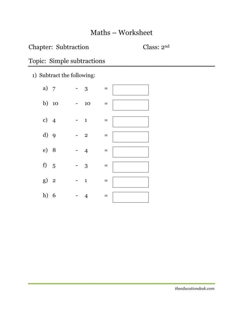 Printable maths subtraction worksheet for CBSE Grade II with simple subtraction problems