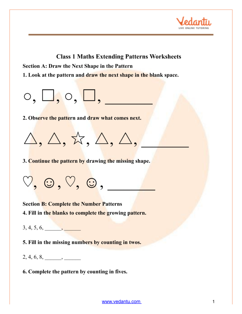 Maths Worksheet For Class 1 And 2 – Extending Patterns Engaging Maths Worksheet For Class 1 And 2 focusing on extending patterns and number sequences