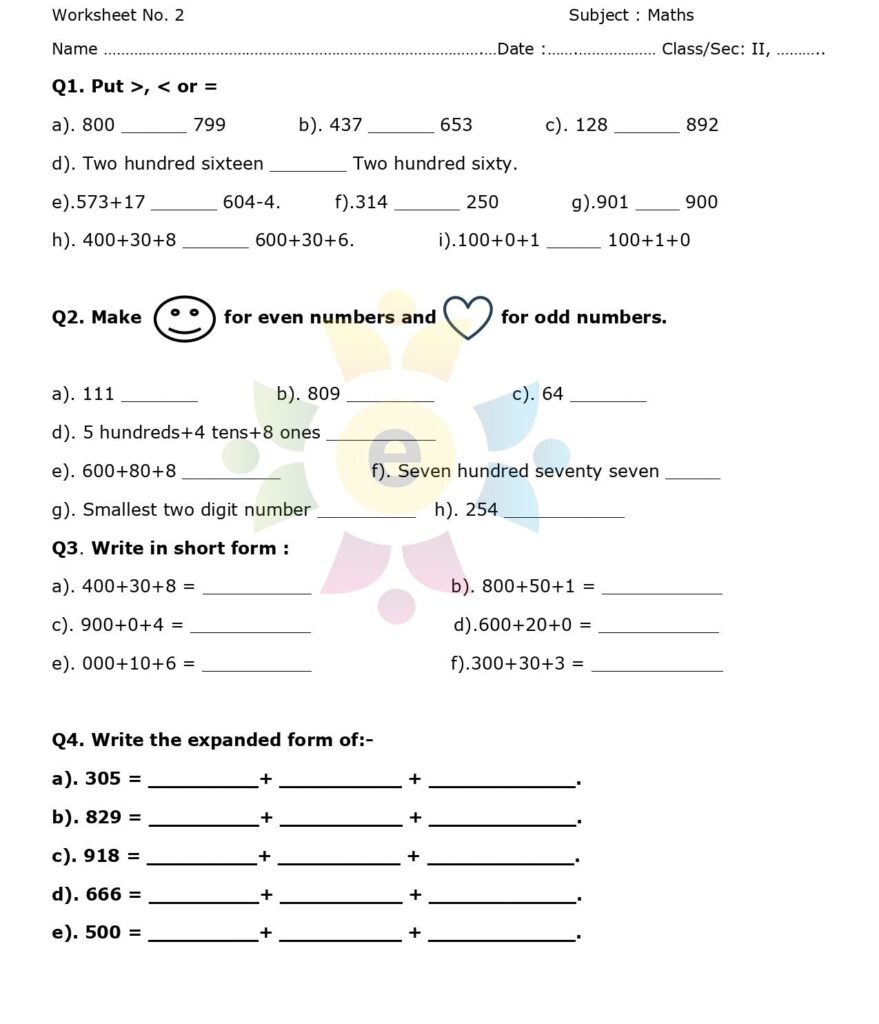 Maths Worksheet for Class-2 Maths Worksheet for Class-2