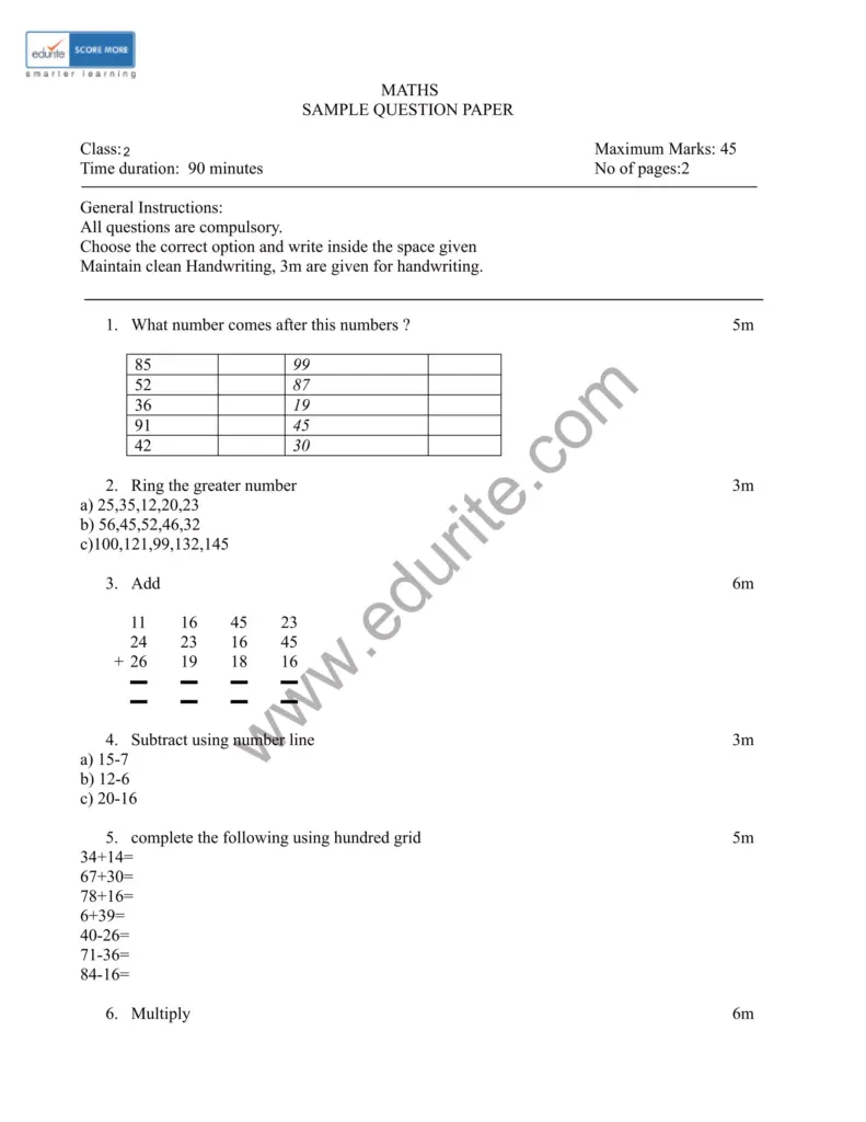 Maths Worksheet For Class 2 Icse - Class 2 ICSE Maths Sample Paper Model 1 | PDF