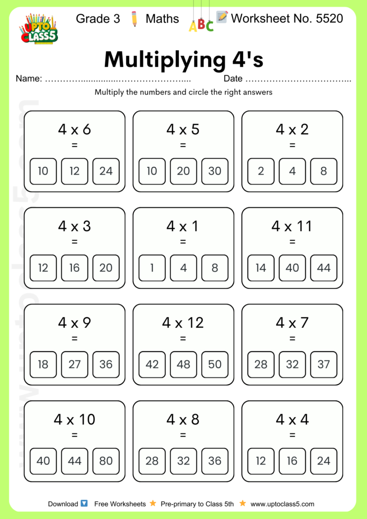 Maths Worksheet For Class 3 Free - Grade 3 Maths Worksheet | Multiplication | No. 5520 - Upto Class 5