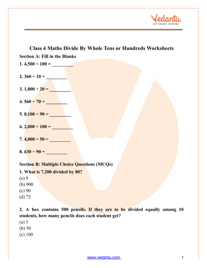 Maths Worksheets For Class 4 Cbse – Divide by Whole Tens or Hundreds Free printable Maths Worksheets For Class 4 Cbse focusing on division by whole tens or hundreds