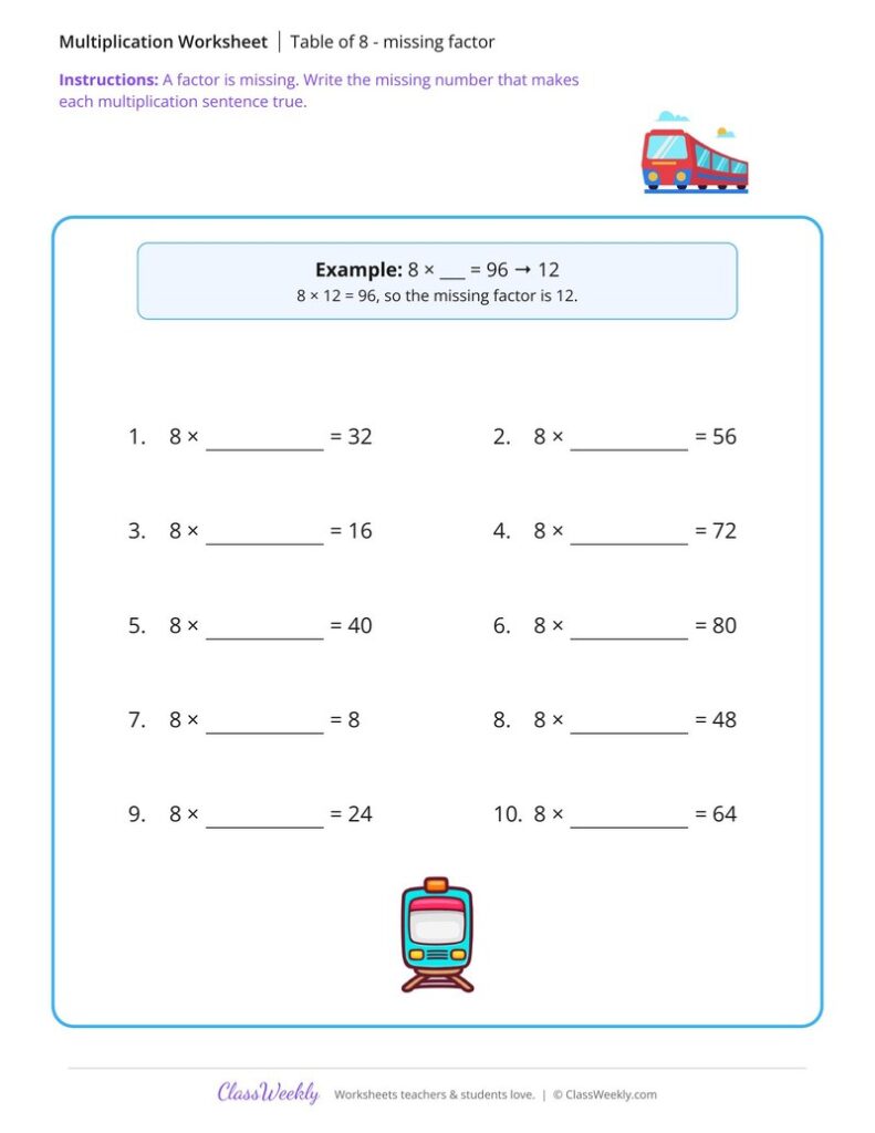 Maths Worksheets For Grade 3 For Free - Table of 8 - missing factor - Free 3rd Grade Math Worksheet