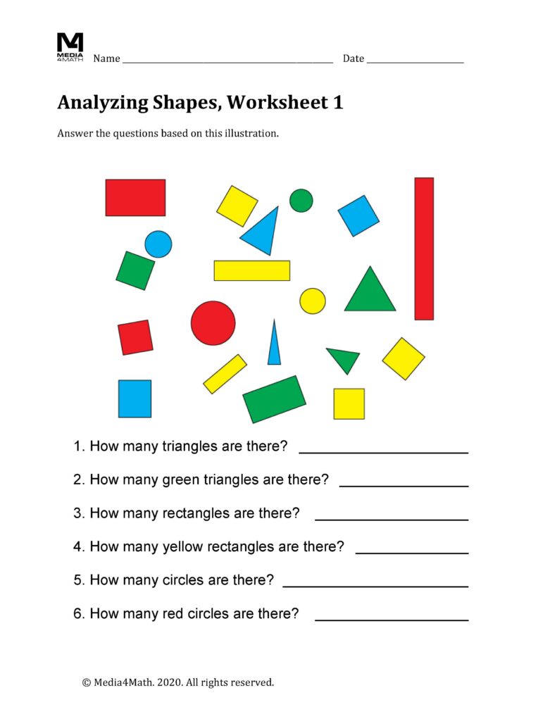 Worksheet for analyzing shapes with various geometric figures and questions