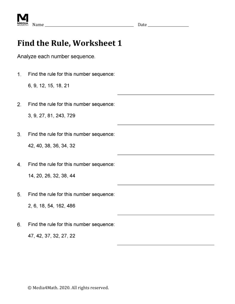 Worksheet analyzing number sequences to find the rule for math patterns