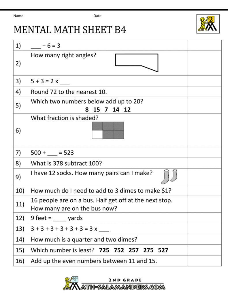 Printable Mental Math Sheet B4 for 2nd grade students with diverse math challenges