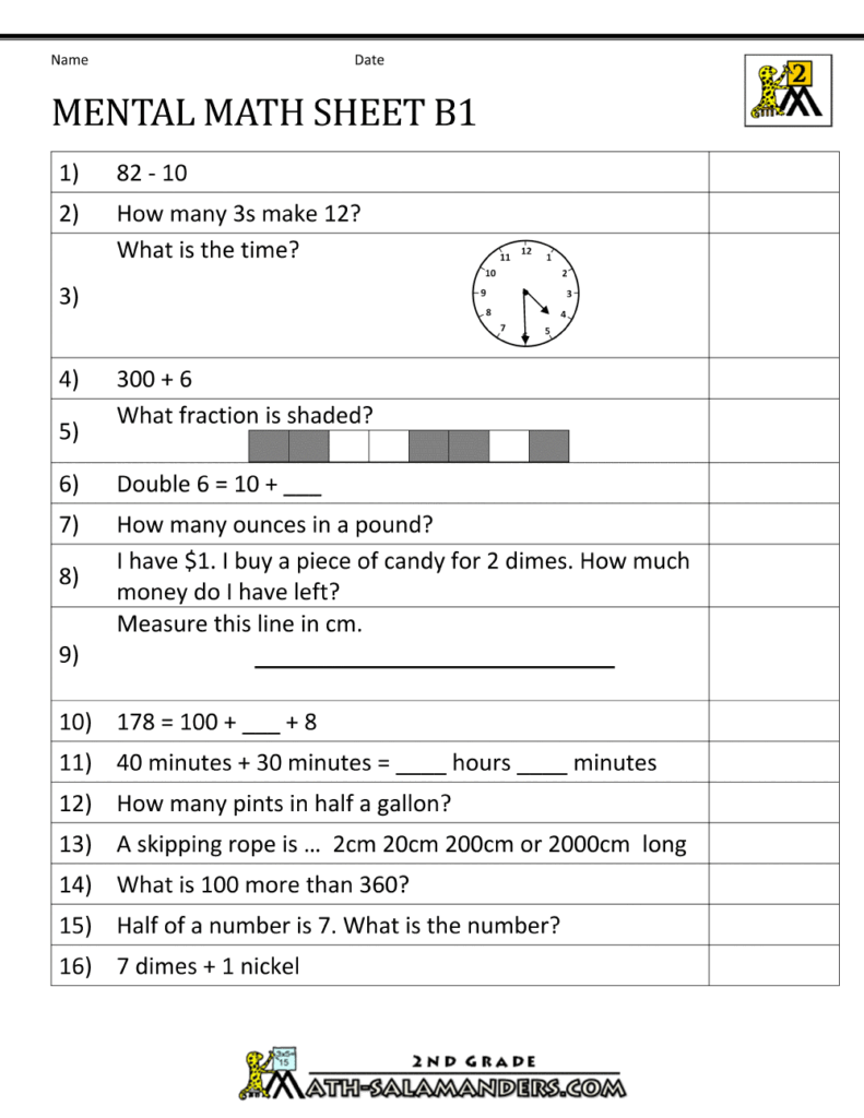 Mental math worksheet for 2nd grade with various math problems