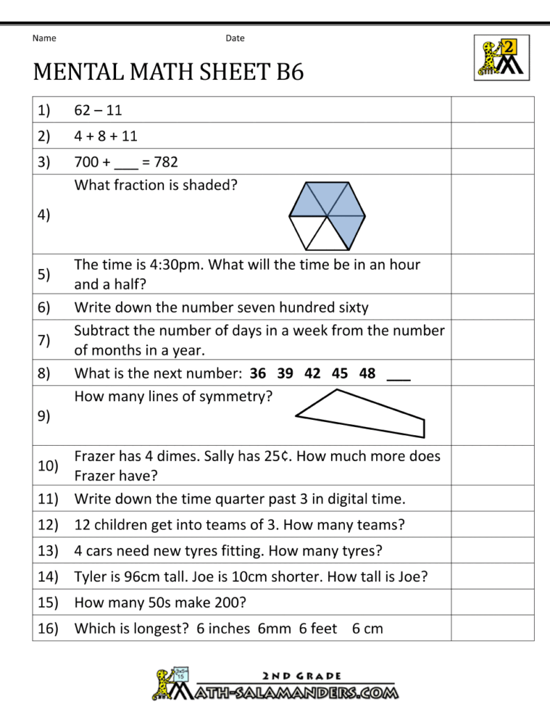 Printable Mental Math Sheet B6 for 2nd grade students with various math problems