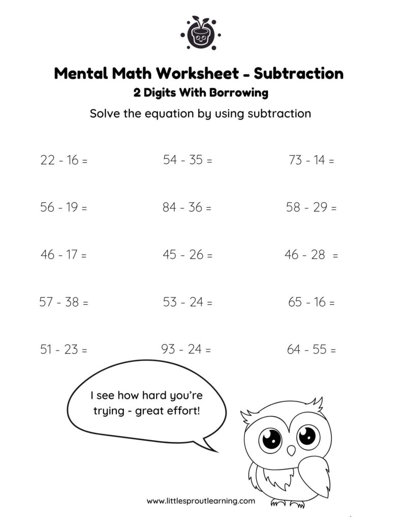 Mental Math Worksheet – Subtraction with Borrowing Printable mental math worksheet for subtraction of two-digit numbers with borrowing
