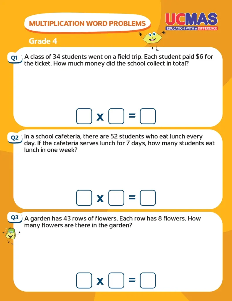 Printable mental math worksheets for 4th graders featuring word problems