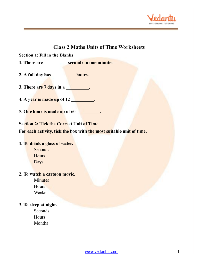 Free printable Mental Maths 2nd Class Worksheets focusing on units of time for students