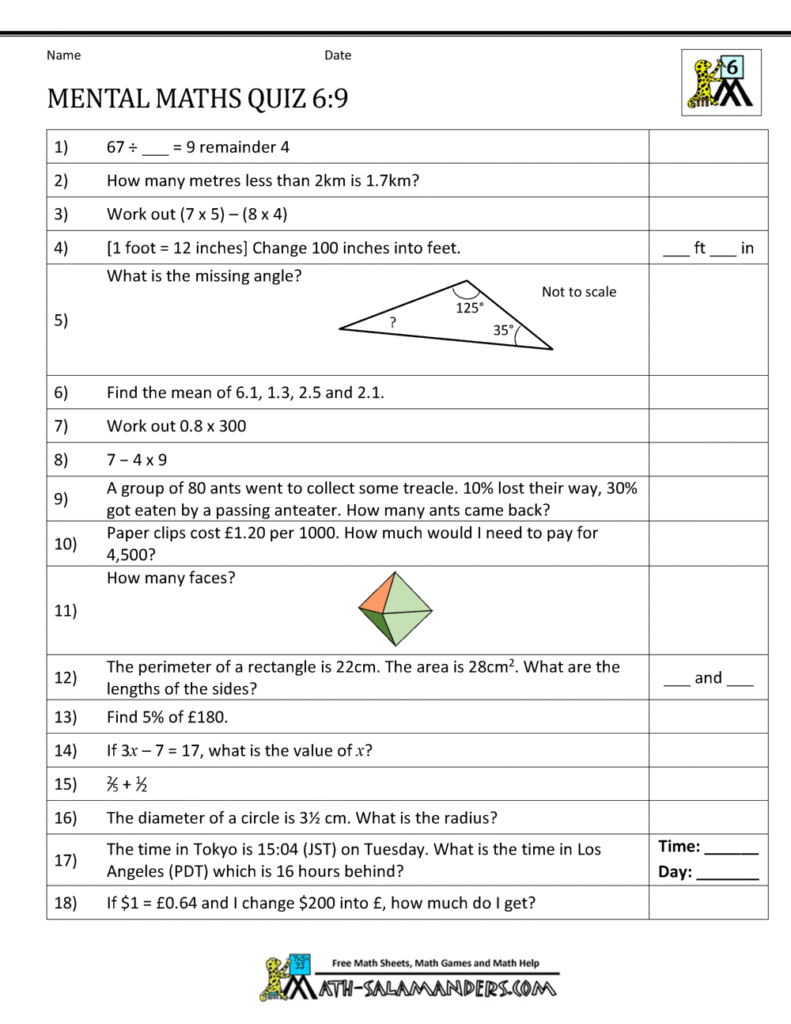 Mental Maths Tests Year 6 Worksheets Mental Maths Tests Year 6 Worksheets
