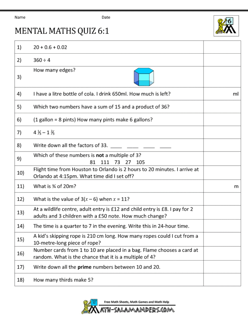 Mental Maths Tests Year 6 Worksheets Mental Maths Tests Year 6 Worksheets