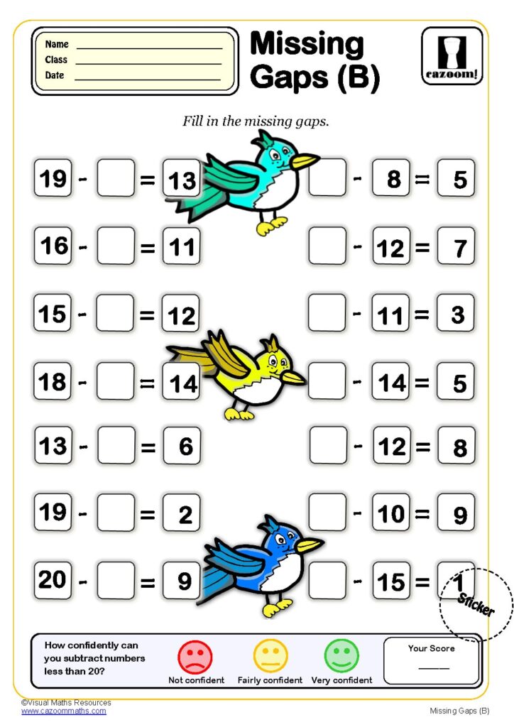 Printable missing gaps worksheet for Class 2 without a number line
