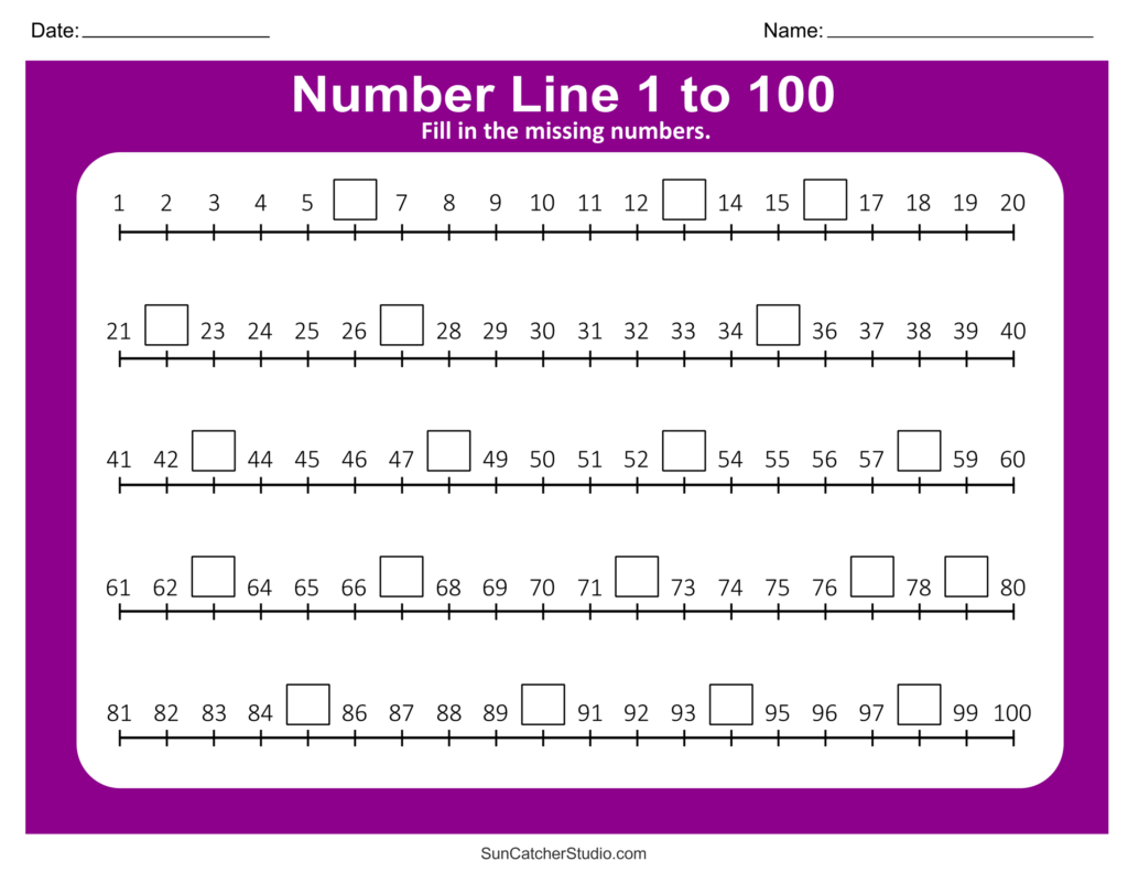 Printable Missing Numbers Worksheets for Kids Colorful worksheet for filling in missing numbers on a number line 1 to 100