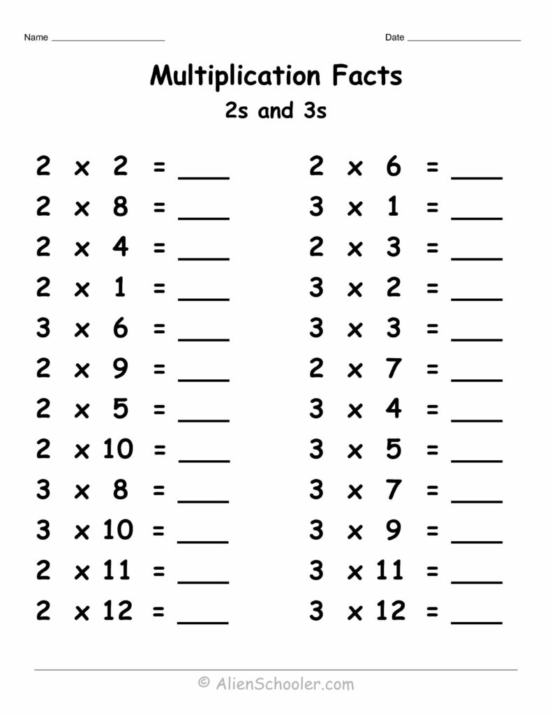 Printable mixed multiplication facts worksheet for 2s and 3s for second grade students