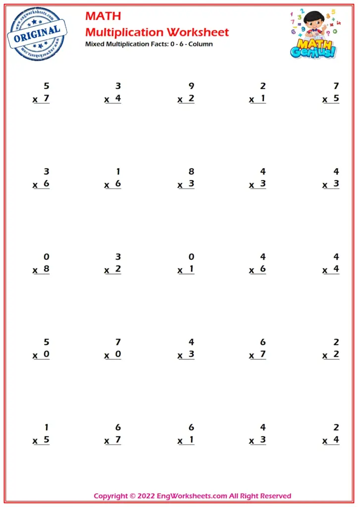 Mixed Multiplication Facts: 0 - 6 - Column – EngWorksheets - Images Preview